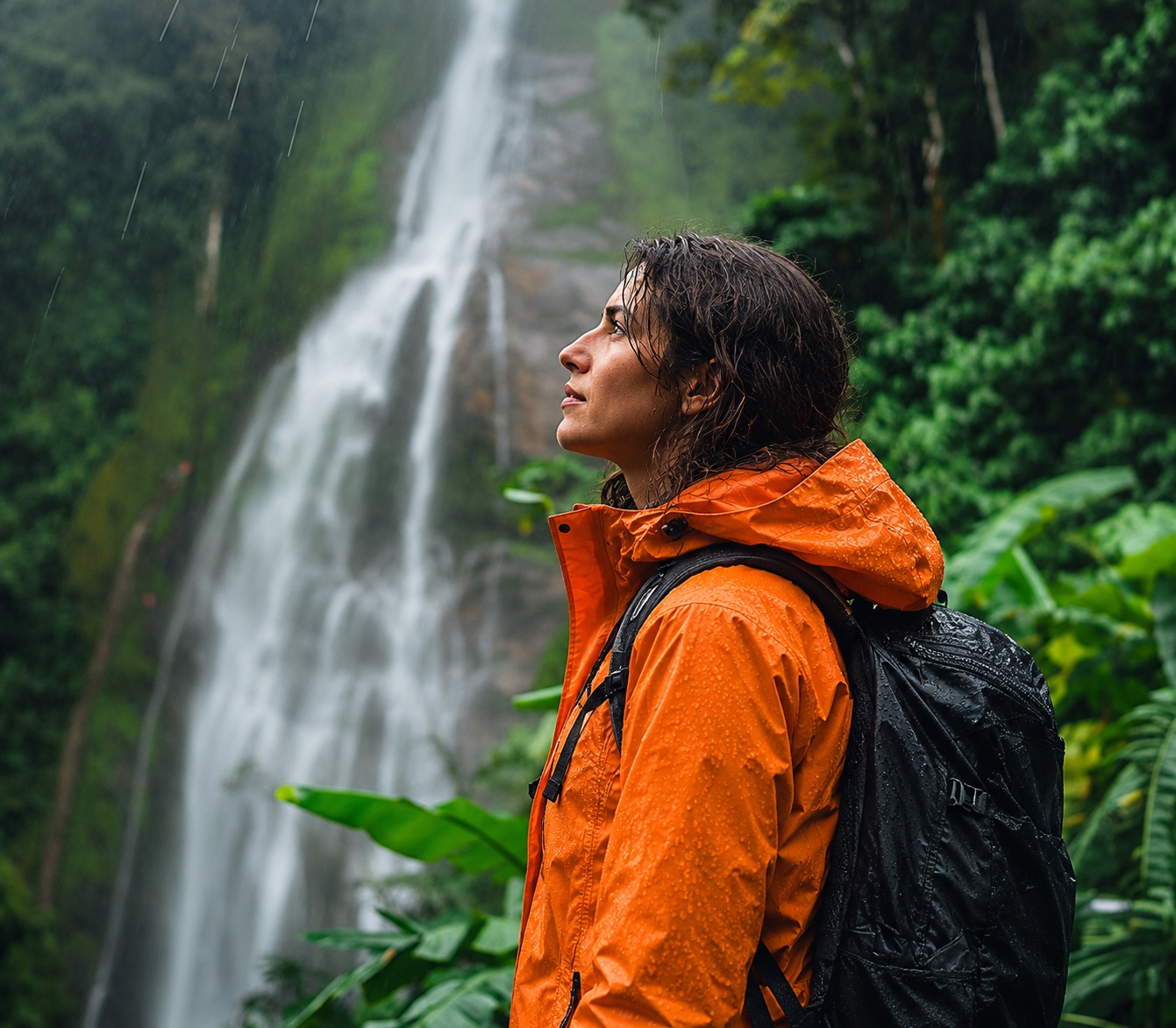 An adult traveler in an orange raincoat and black backpack beside a waterfall