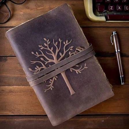 A leather travel journal with a tree motif representing journeys designed with care